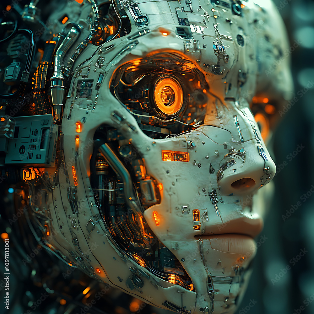 Poster futuristic cyborg face with intricate circuitry and glowing elements, showcasing advanced biotechnol