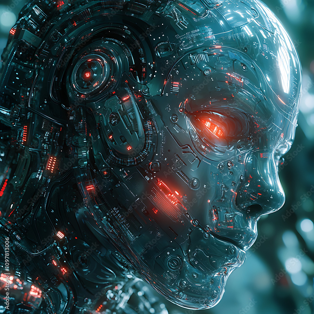 Poster futuristic cybernetic system showcasing advanced biotechnology with intricate circuitry and glowing 