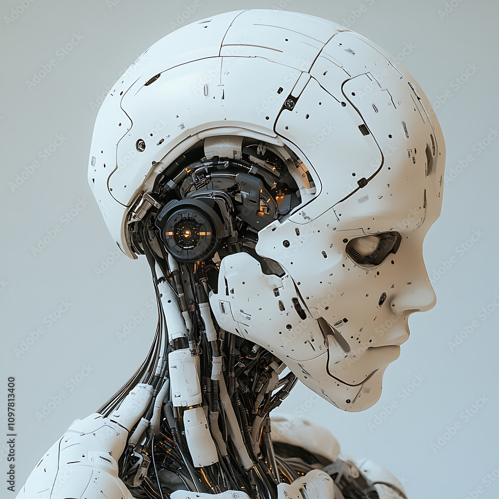Poster detailed robotic head showcasing advanced technology and design, emphasizing intricate components an