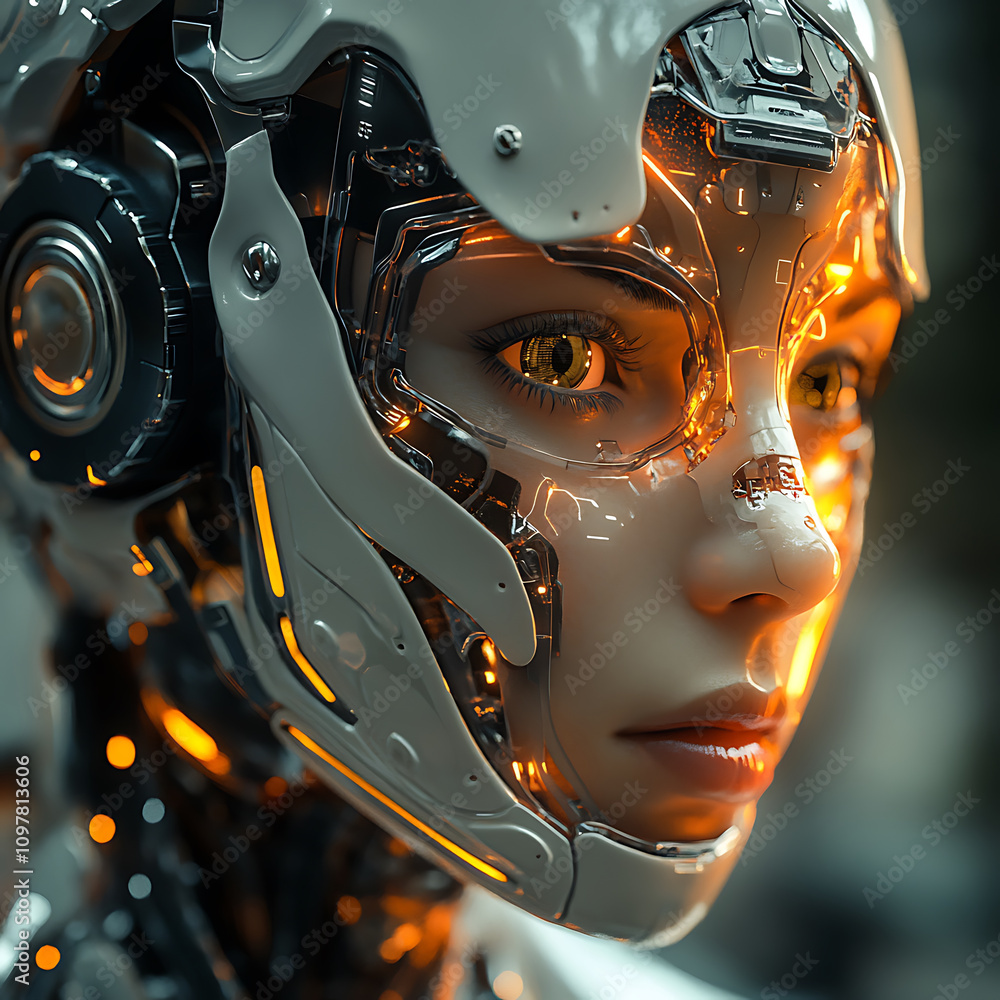 Poster futuristic cyborg with intricate details and glowing elements, showcasing advanced technology and hu