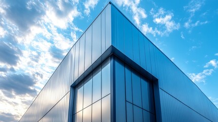 A large building with a lot of windows and a blue sky in the background