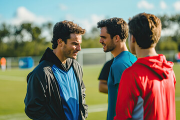 Coaches discussing tactics on the sidelines, showing strategy and planning