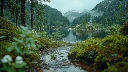 Serene Mountain Lake Cabin Retreat  Lush Forest  Tranquil Waters  Nature Escape