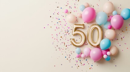 Celebrating 50 Years Milestone with Pastel Balloons and Confetti Festive Birthday Background