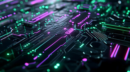 Obraz premium A glowing green and purple circuit design with dynamic details, representing futuristic data systems and innovation.