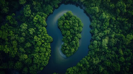 Aerial View Of Lush Green Mangrove Forest Island And River