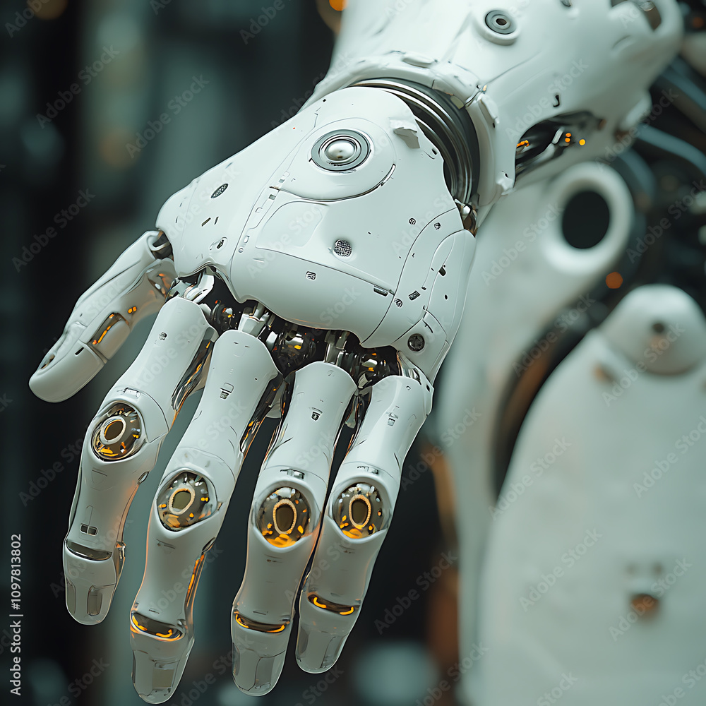 Poster detailed robotic hand showcasing advanced bionic technology and precision engineering. intricate des