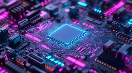 Fototapeta premium A glowing blue microchip with circuit details on a vibrant board, symbolizing cutting-edge digital technology.
