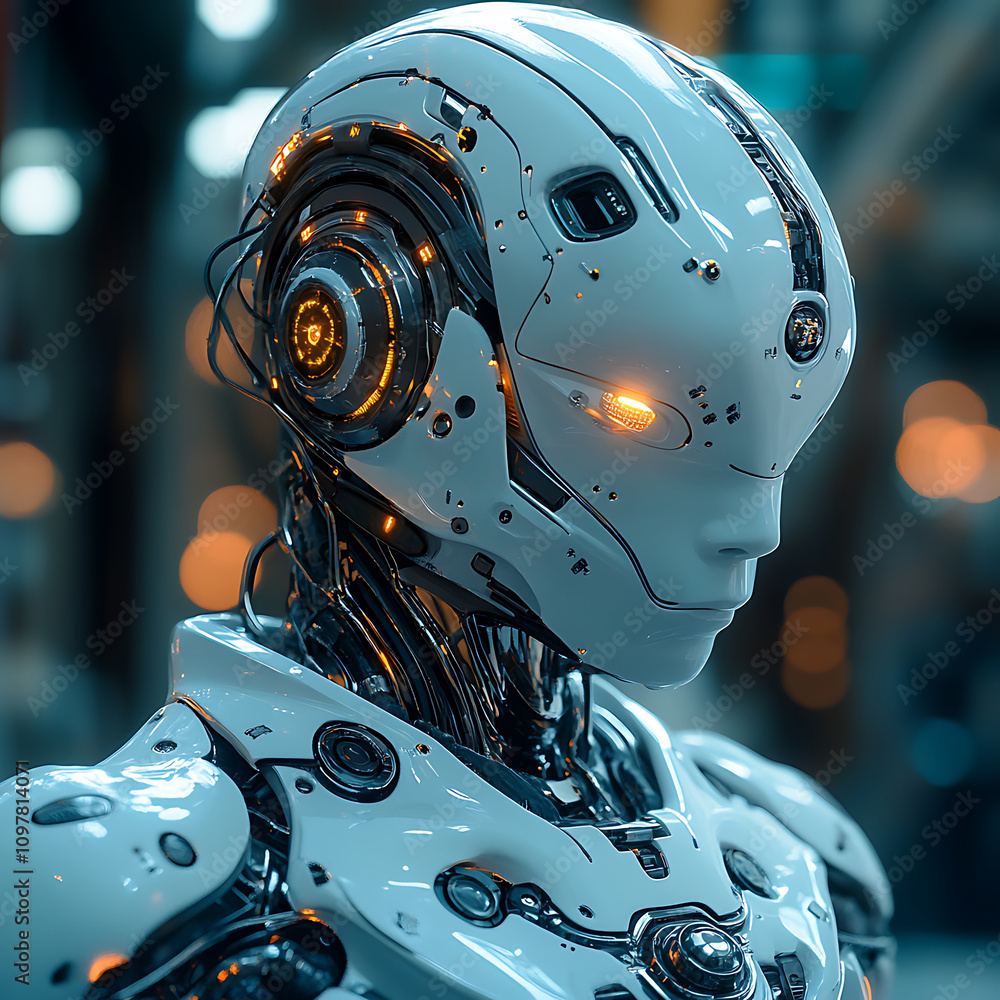 Poster futuristic humanoid robot with glowing features and intricate circuitry, showcasing advanced technol