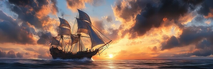 A majestic sailing ship gracefully sails across the vast ocean