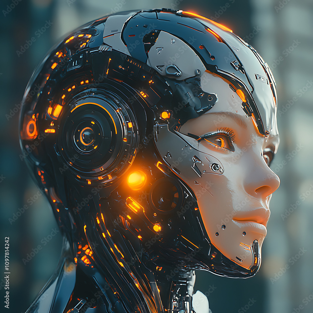 Poster futuristic cyborg head showcasing advanced control systems and technology, featuring intricate detai