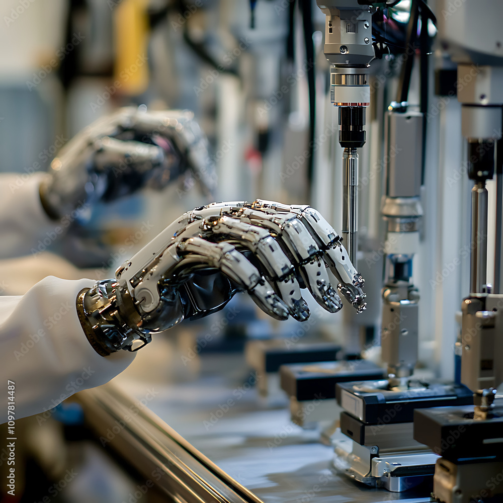 Poster innovative robotic hand operating precision tools in high tech environment, showcasing advanced pros