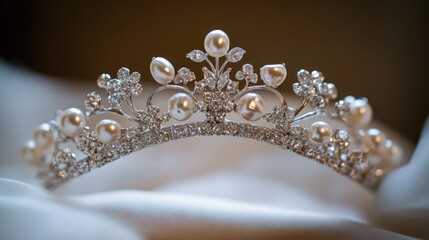 Elegant silver tiara adorned with pearls and sparkling crystals