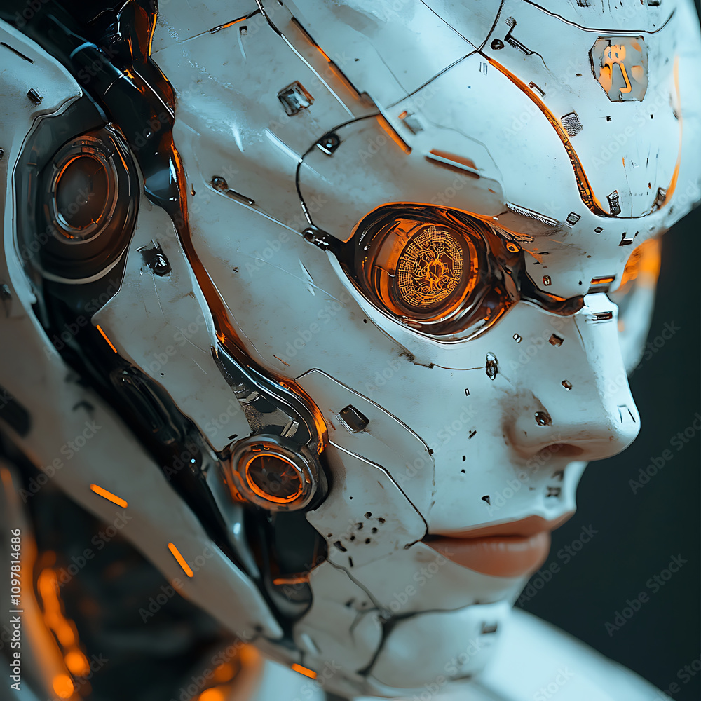 Poster cybernetic augmentation in cyborg technology showcases futuristic design with intricate details and 