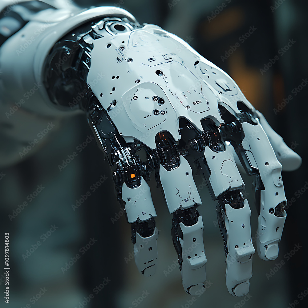 Poster detailed robotic hand showcasing advanced cybernetic augmentation and bionic technology, emphasizing