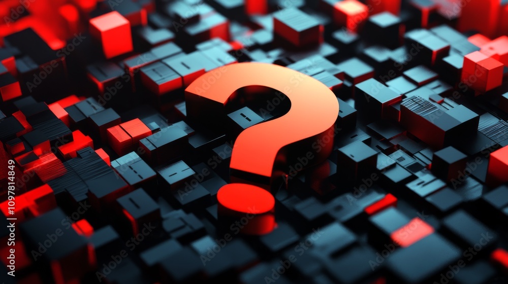 Poster a striking 3d digital illustration featuring a bold red question mark on a black and red geometric b