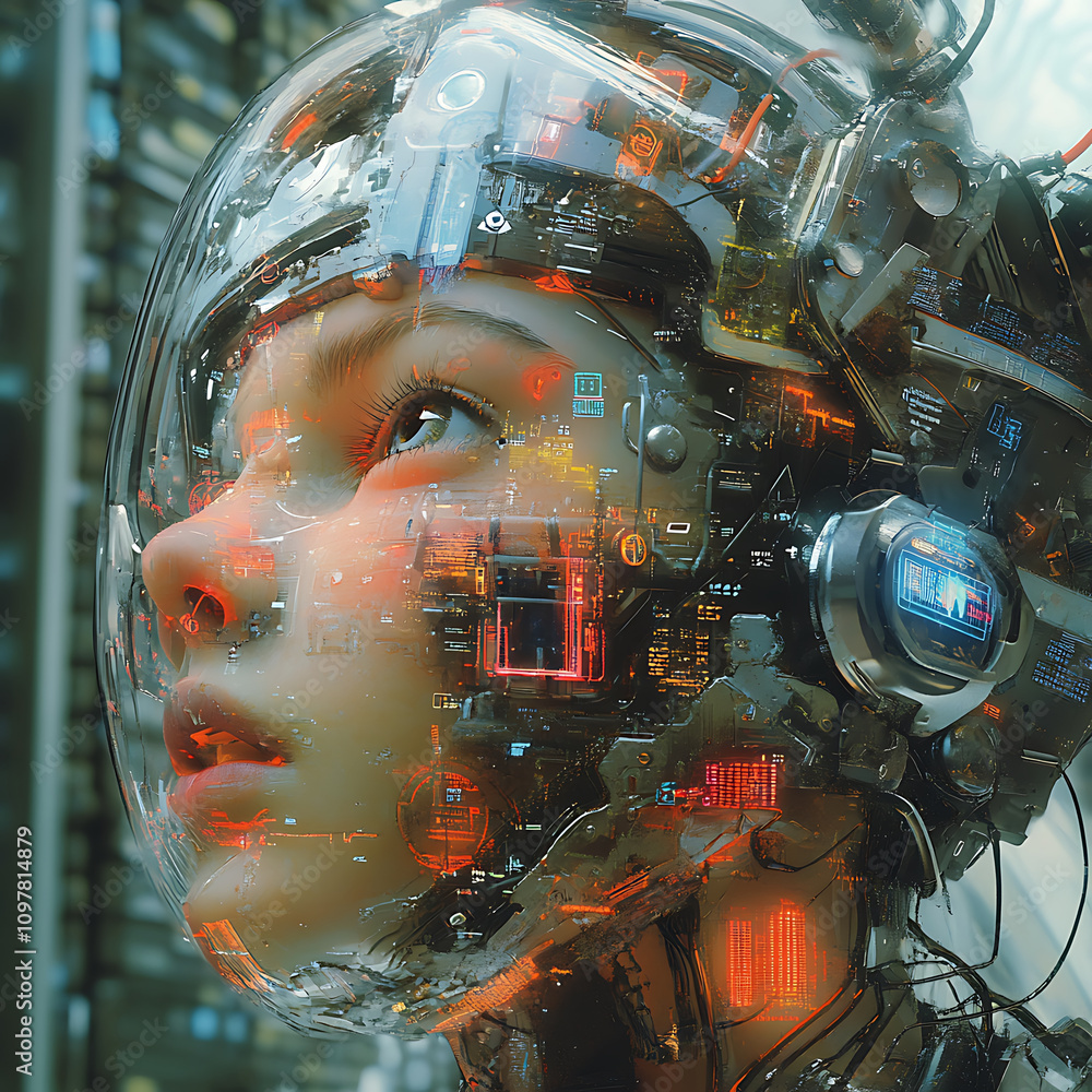 Poster cybernetic augmentation with human machine interface, showcasing futuristic design and advanced tech
