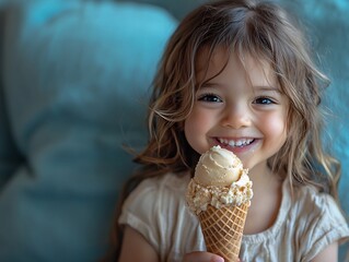Naklejka premium Carefree Delight Giggling Child with Messy Ice Cream Cone Capturing Childhood Joy