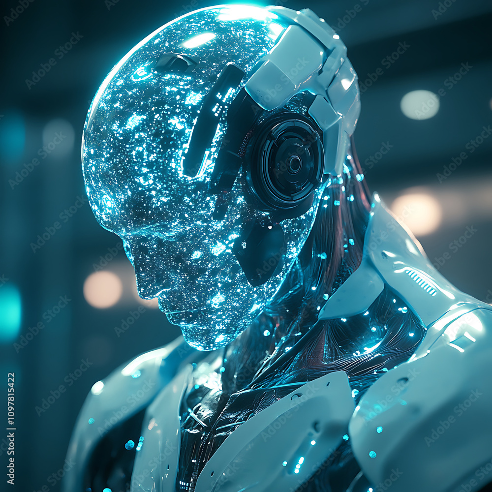 Poster futuristic robot with transparent head showcasing glowing circuitry and integrated technology. desig