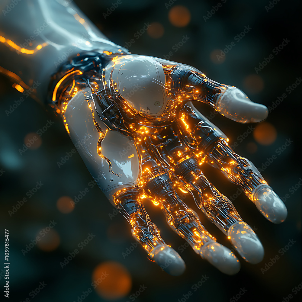 Poster futuristic robotic hand with glowing circuits showcases advanced bionic technology, symbolizing inte
