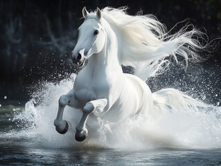 Naklejka premium white horse runs gallop on the beach