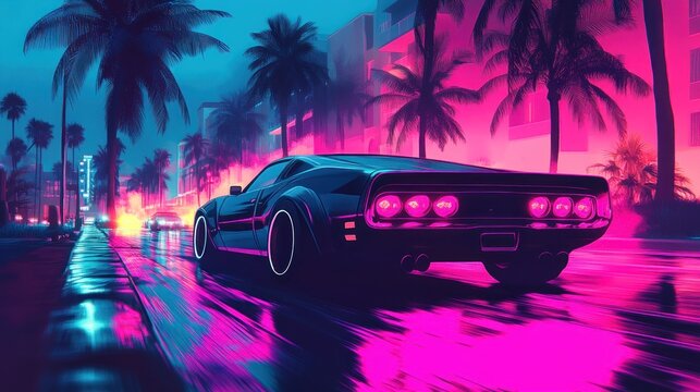 Neon Night Drive in Modern Miami with Vibrant Colors and Retro-Vibe Aesthetic