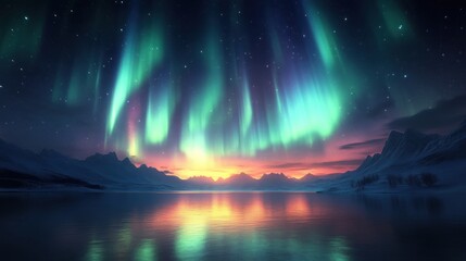 Breathtaking Night Sky with Aurora Borealis Over Tranquil Lake and Majestic Mountains