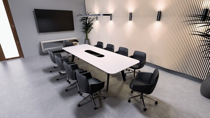 spacious conference room features a long white table surrounded by ergonomic black chairs, creating a professional environment for teamwork and discussions. Modern decor enhances focus. 3d render