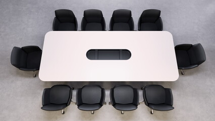 spacious conference table is centrally placed in a minimalist office with black chairs arranged around it. This setup is ideal for team meetings and collaborative discussions. 3d render