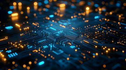 Obraz premium A close-up of a glowing circuit board with blue and gold highlights, symbolizing advanced electronics and futuristic digital innovation.