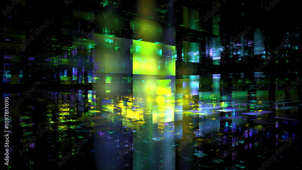 Poster colorful light patterns and geometric shapes create a dynamic abstract landscape that evokes a sense