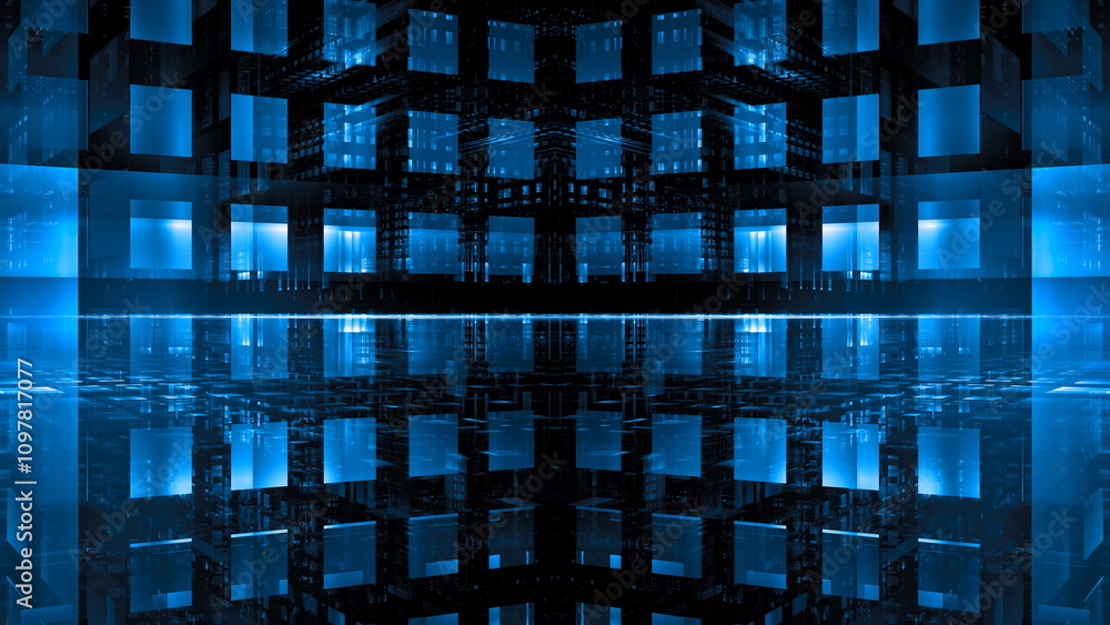 Poster mesmerizing digital design features blue cubes arranged in a grid, creating reflections in a dark, f