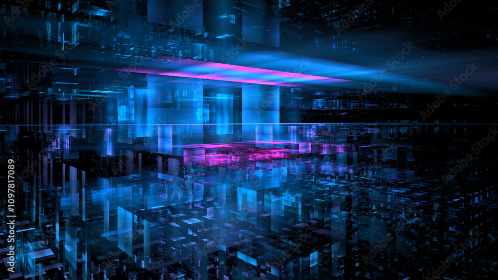 Poster mesmerizing digital landscape in shades of blue and pink showcases a futuristic environment filled w