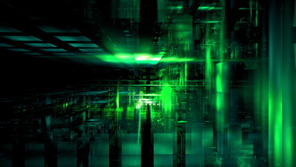 Obraz premium vibrant digital environment features abstract geometric shapes illuminated in green hues. 3d render