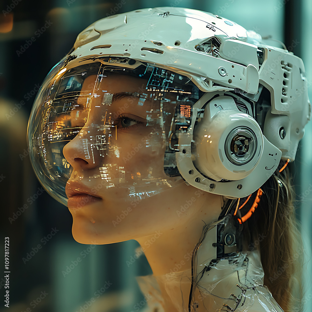 Poster futuristic human machine interface showcasing advanced sensor technology, featuring woman with trans