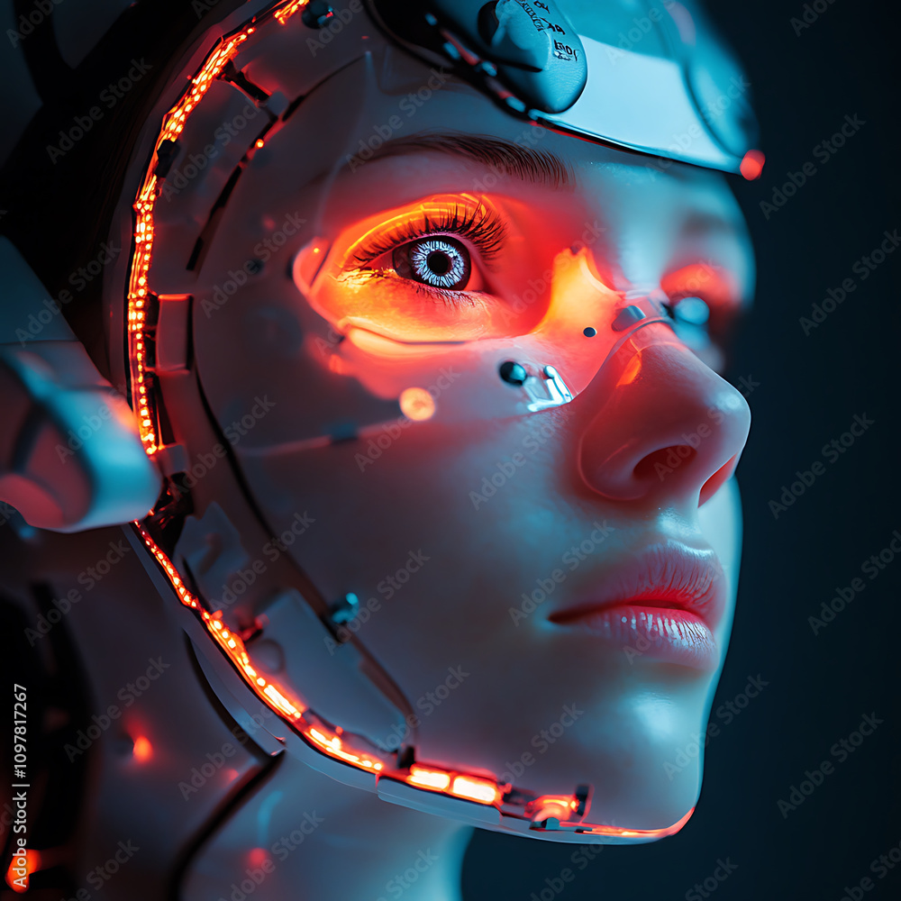 Poster futuristic robot with glowing features and intricate design, showcasing advanced sensor technology i