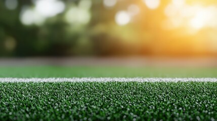 Naklejka premium Sunlit Green Artificial Turf Closeup Field Line Sports Background Copy Space