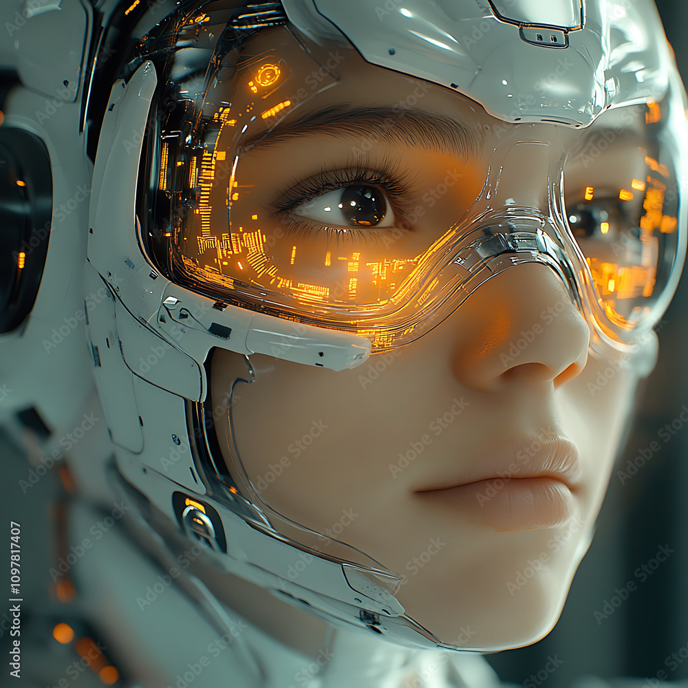 Poster futuristic cybernetic system with advanced wearable technology, showcasing close up of human like fi