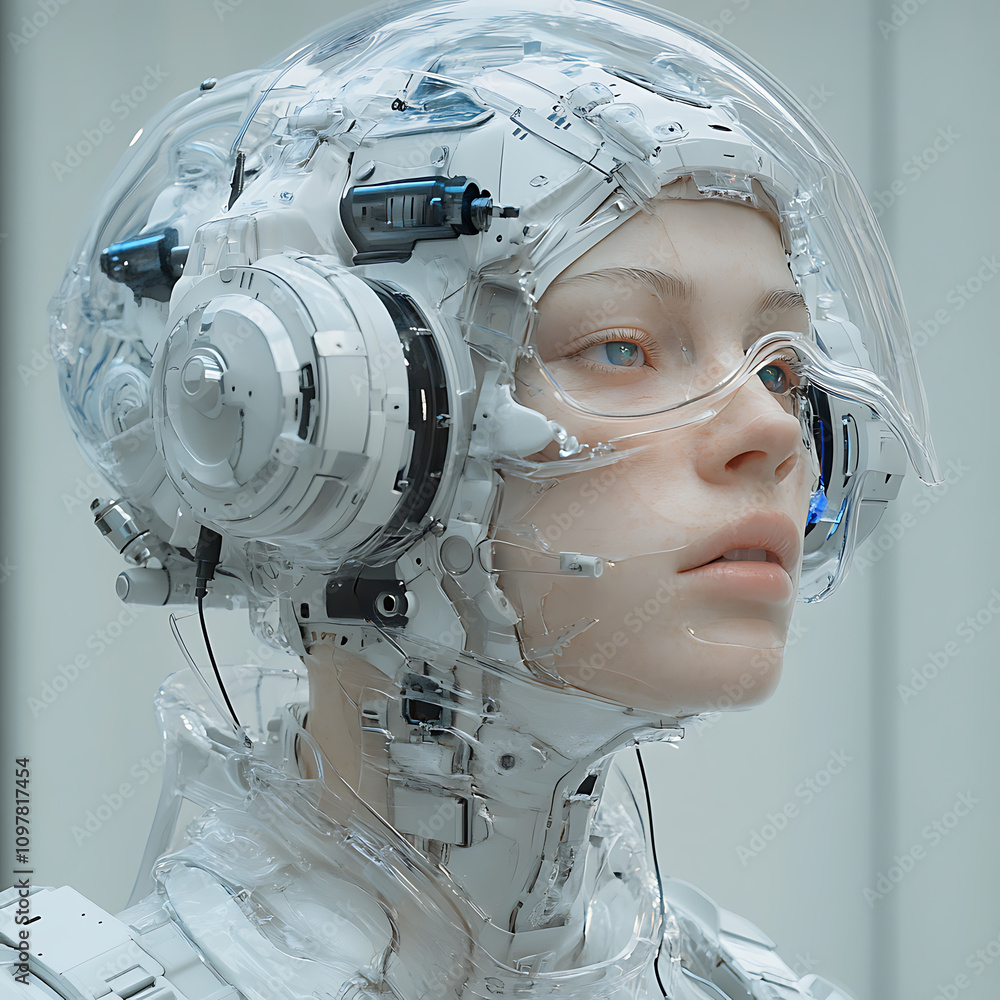 Poster futuristic humanoid robot with transparent helmet and advanced technology, showcasing intricate deta