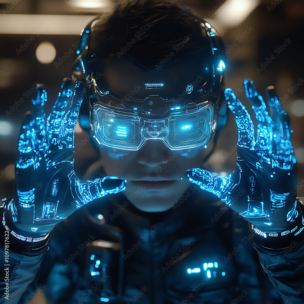 Poster futuristic human machine interface showcasing wearable technology with glowing elements. individual 