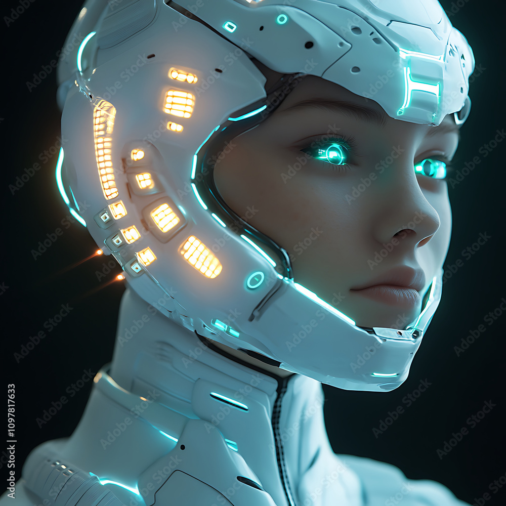 Poster futuristic humanoid robot with glowing features and sleek design, showcasing advanced technology in 