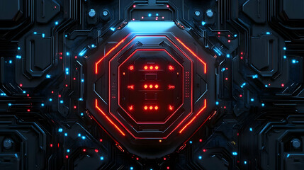 Fototapeta premium A digital octagonal device with red glowing patterns and a futuristic appearance, symbolizing high-tech control systems.