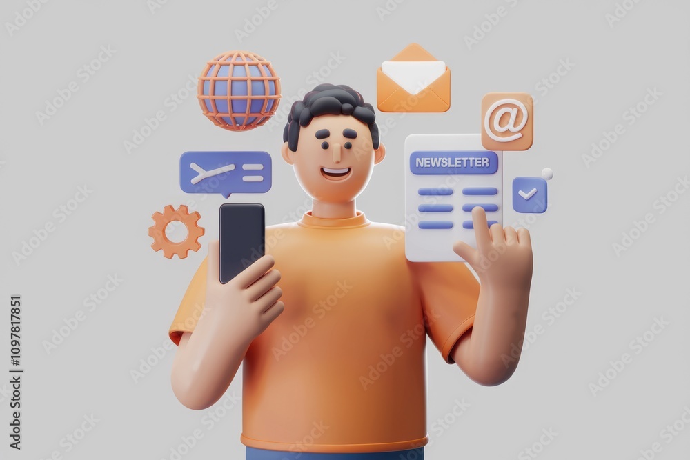 Poster 3d cartoon man using smartphone to subscribe newsletter email global network