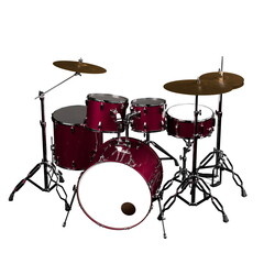 complete drum set in a rich red finish features a bass drum, snare drum, tom-toms, and cymbals. arrangement highlights the setup ready for a musical performance. 3d render