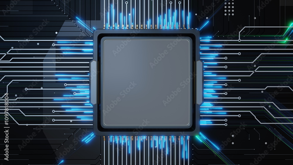 Poster glowing blue lights radiate from a central microprocessor within a complex network of circuit board 