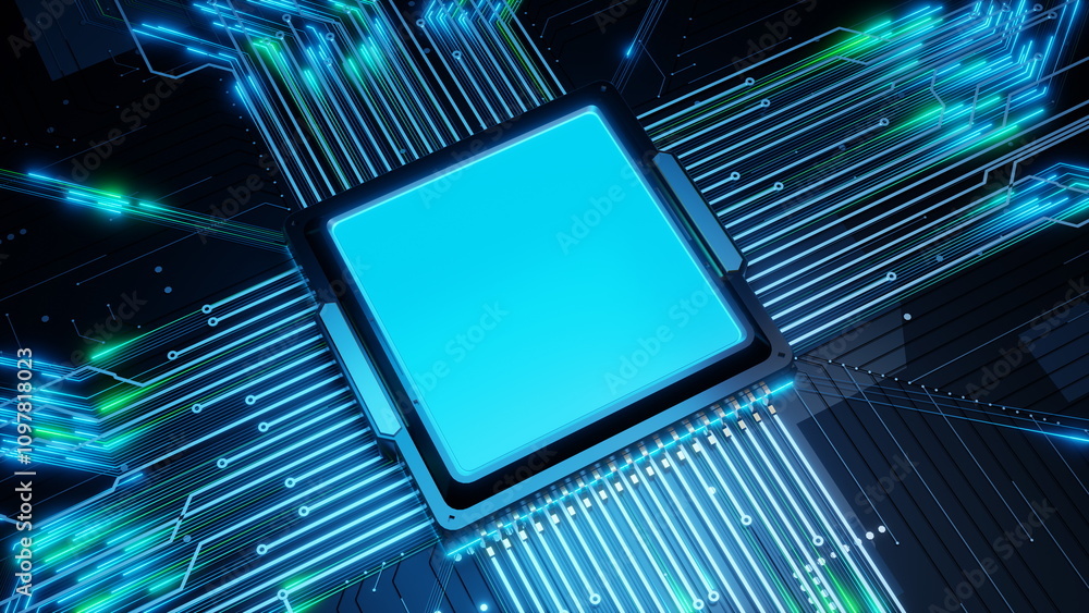 Poster vibrant circuits surround a microchip, with intricate lines of blue and green light illustrating the
