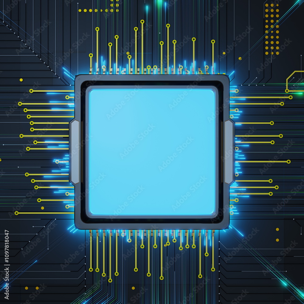 Poster brightly illuminated digital circuit board features a central processor unit surrounded by radiant c