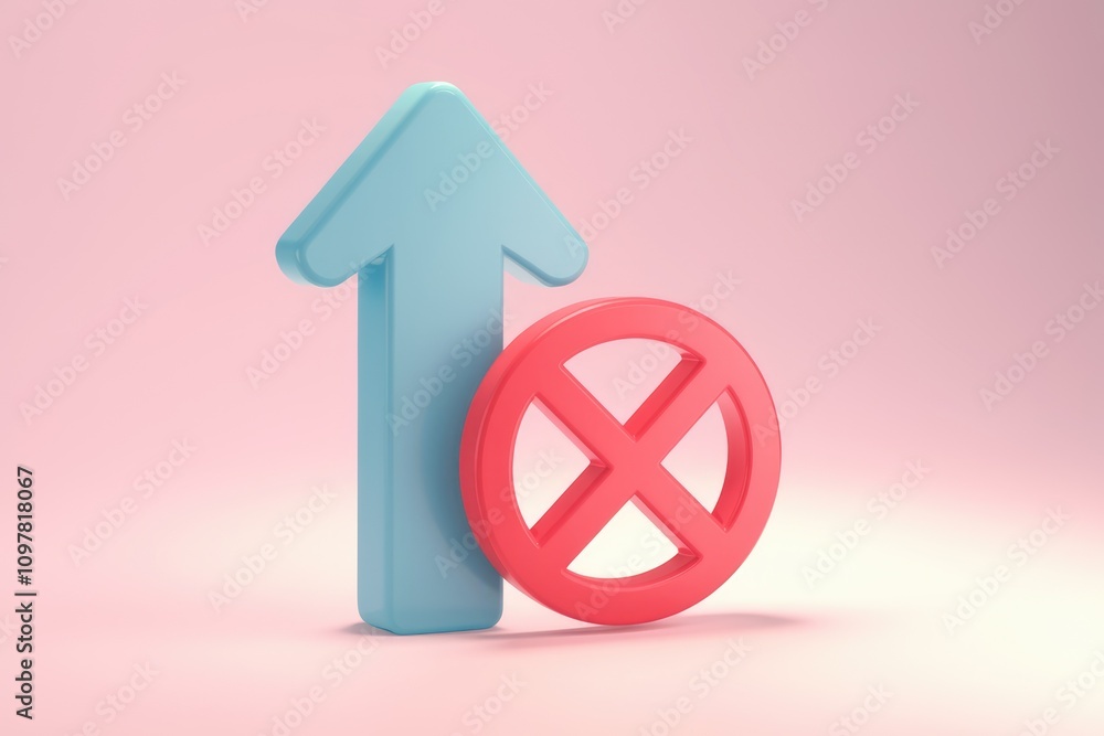 Poster up arrow and a red cross symbol 3d rendered illustration on pink background
