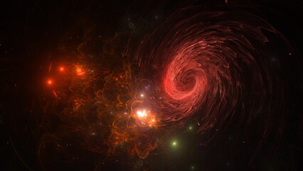 Mesmerizing cosmic swirl displays vibrant hues of red and orange, surrounded by twinkling stars and interstellar clouds. This stunning nebulous formation showcases beauty of the universe. 3d render