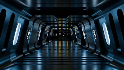 long, futuristic corridor features sleek, metallic walls and ambient lighting, creating an atmosphere that invites exploration in a sci-fi universe. design emphasizes depth and intrigue © angel_nt